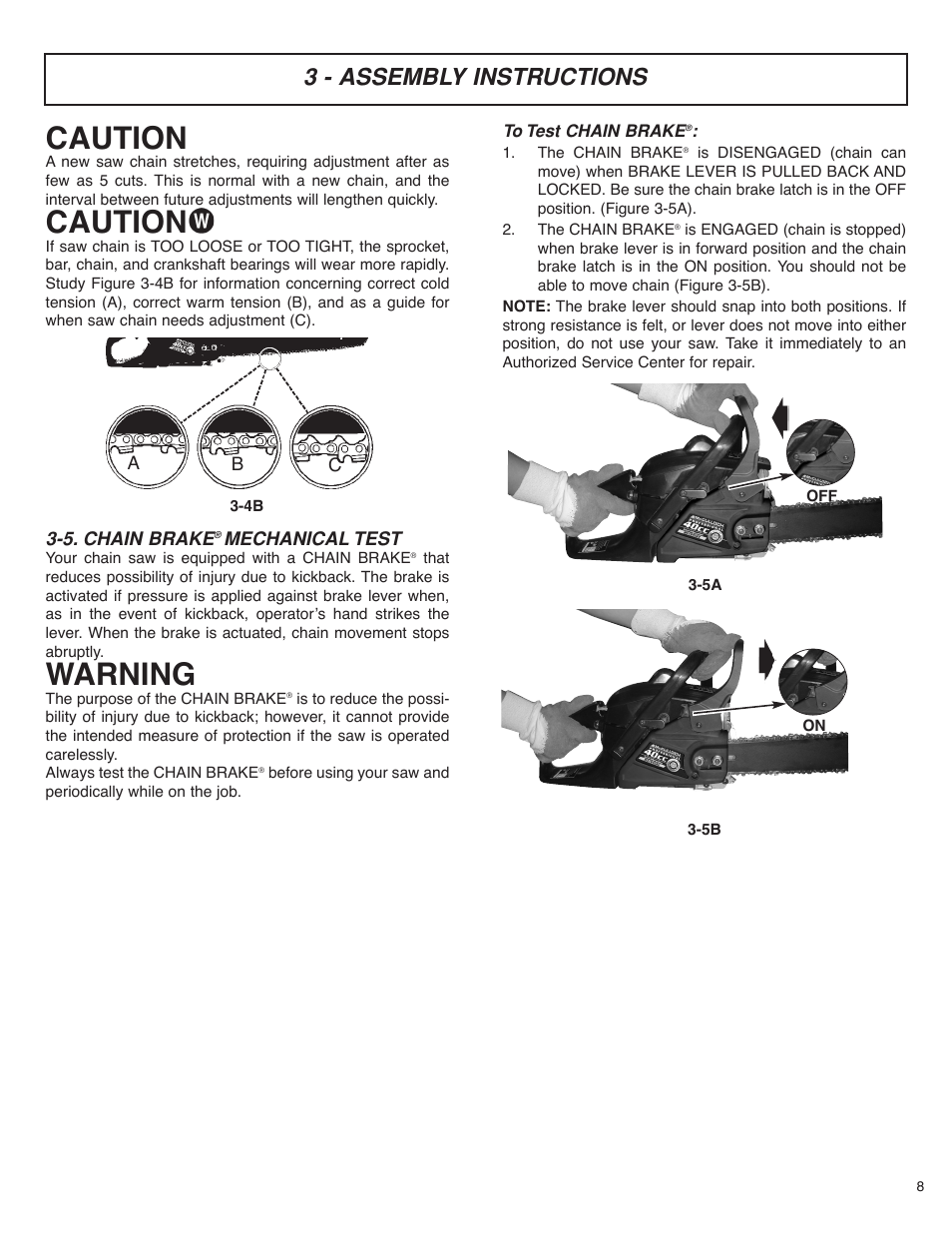 Caution, Warning, 3 - assembly instructions | 5. chain brake, Mechanical test | McCulloch MS4016PAVCC User Manual | Page 9 / 64