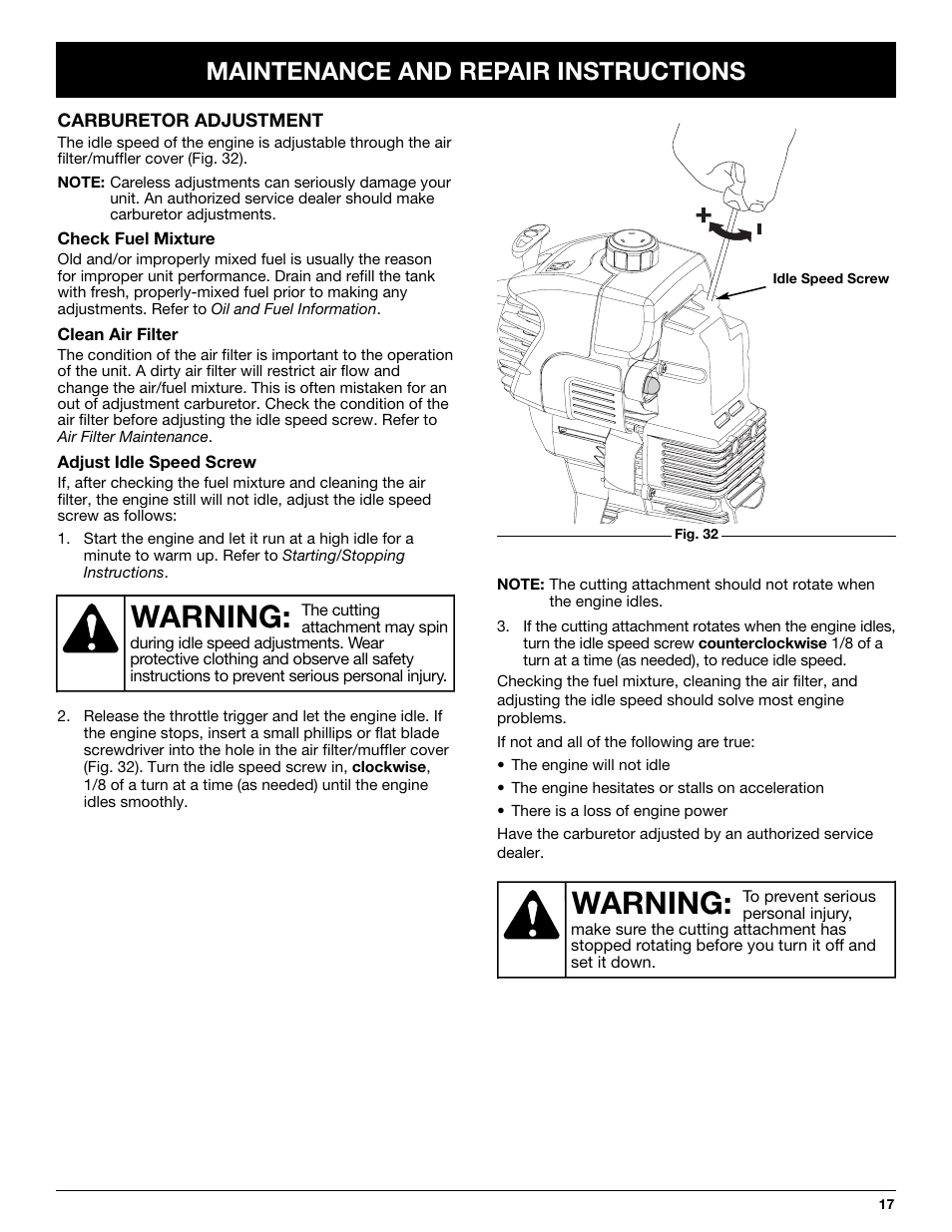 Warning, Maintenance and repair instructions | McCulloch MT725 User Manual | Page 17 / 72