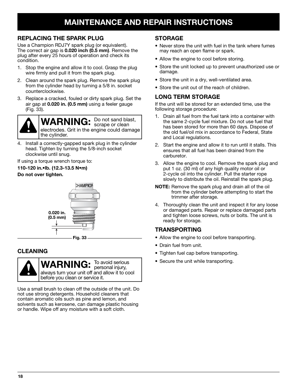 Warning, Maintenance and repair instructions | McCulloch MT725 User Manual | Page 18 / 72