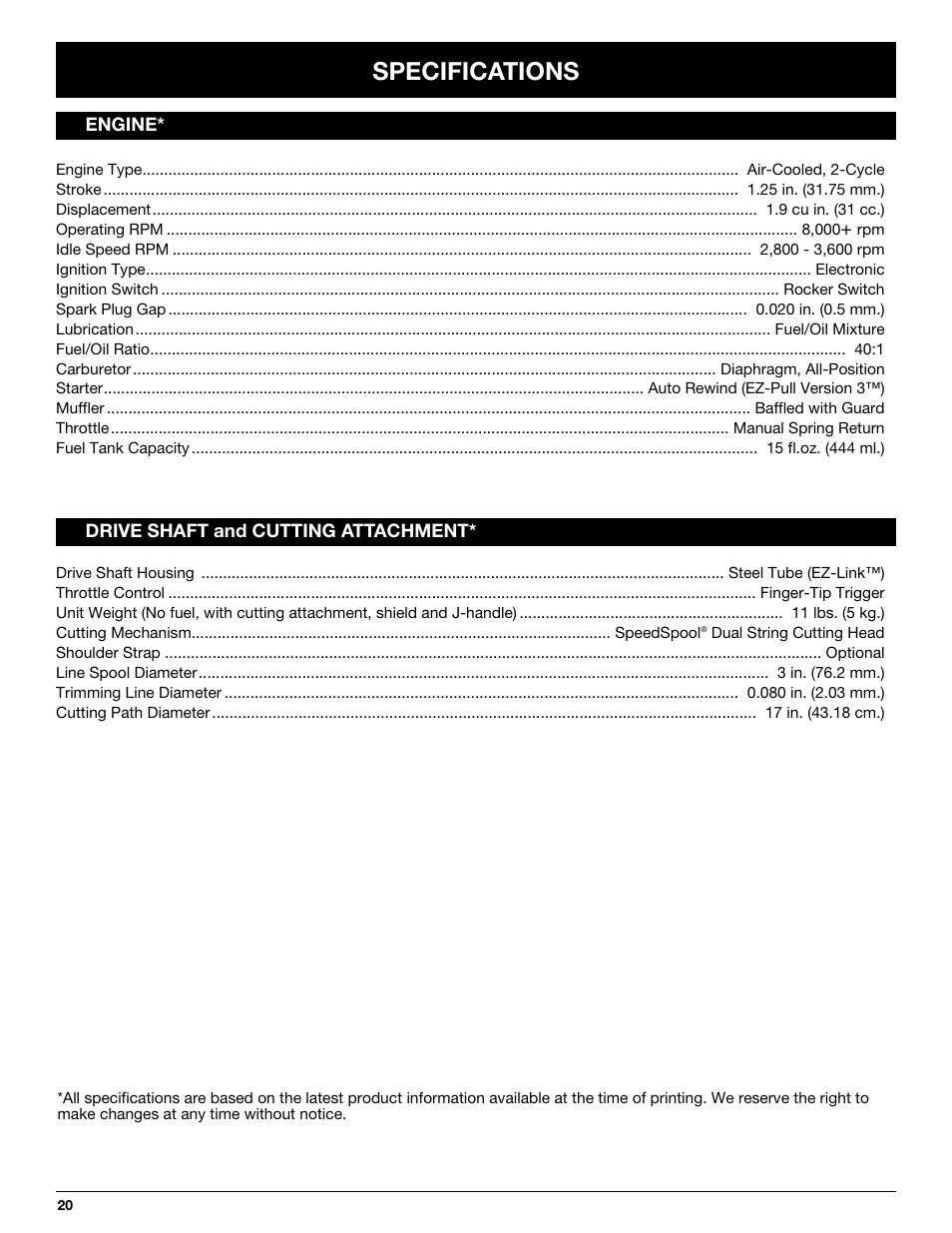 Specifications | McCulloch MT725 User Manual | Page 20 / 72