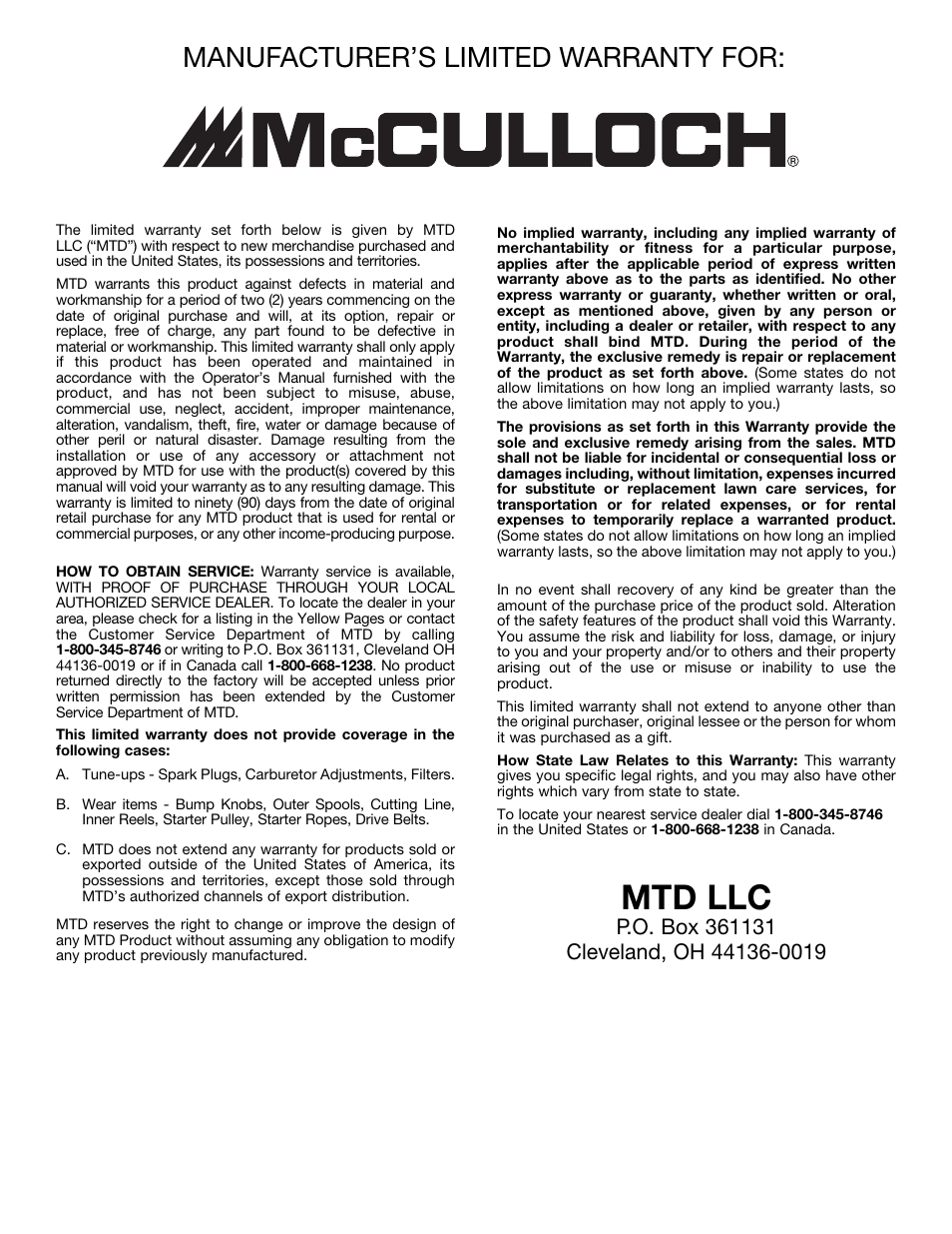 Mtd llc, Manufacturer’s limited warranty for | McCulloch MT725 User Manual | Page 22 / 72