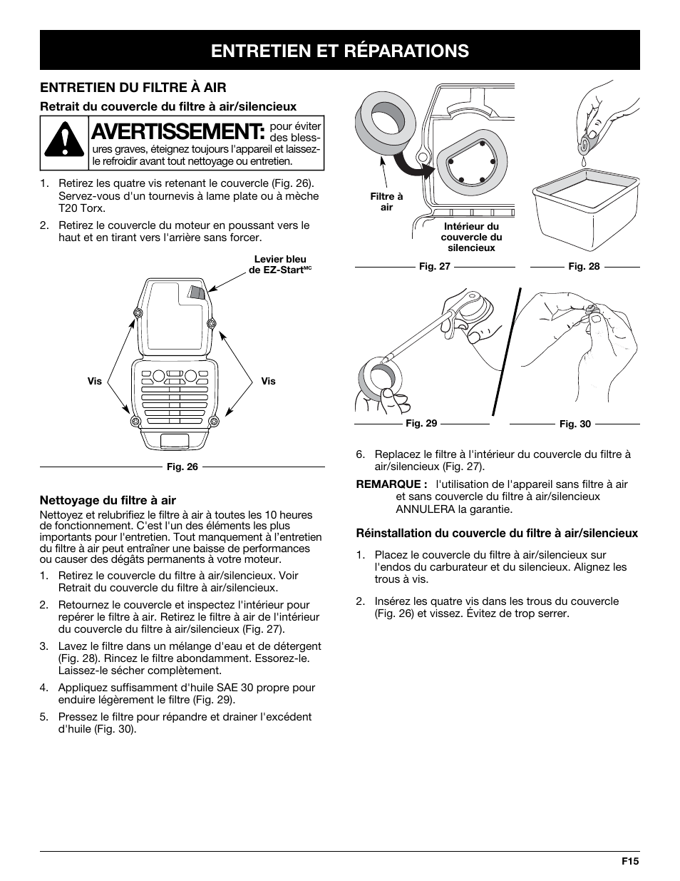 Avertissement, Entretien et réparations | McCulloch MT725 User Manual | Page 37 / 72