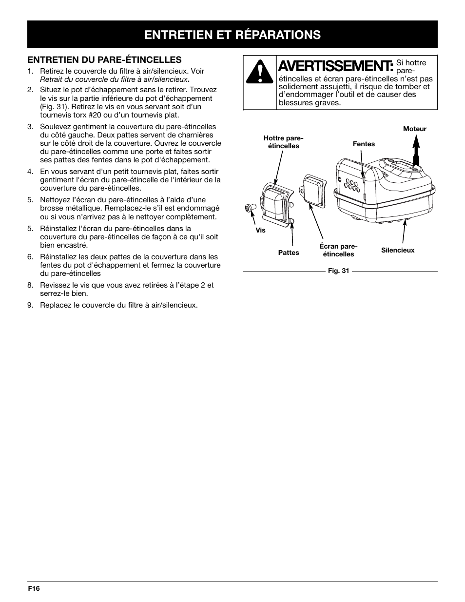Avertissement, Entretien et réparations | McCulloch MT725 User Manual | Page 38 / 72