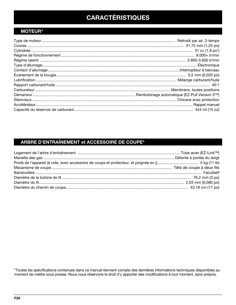 Caractéristiques | McCulloch MT725 User Manual | Page 42 / 72