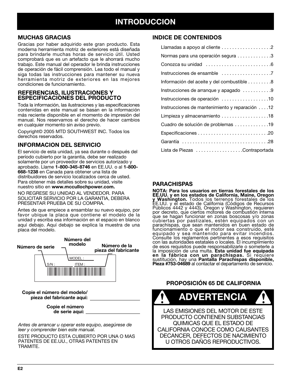 Advertencia, Introduccion | McCulloch MT725 User Manual | Page 46 / 72