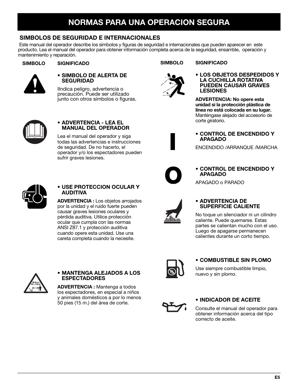 Normas para una operacion segura | McCulloch MT725 User Manual | Page 49 / 72