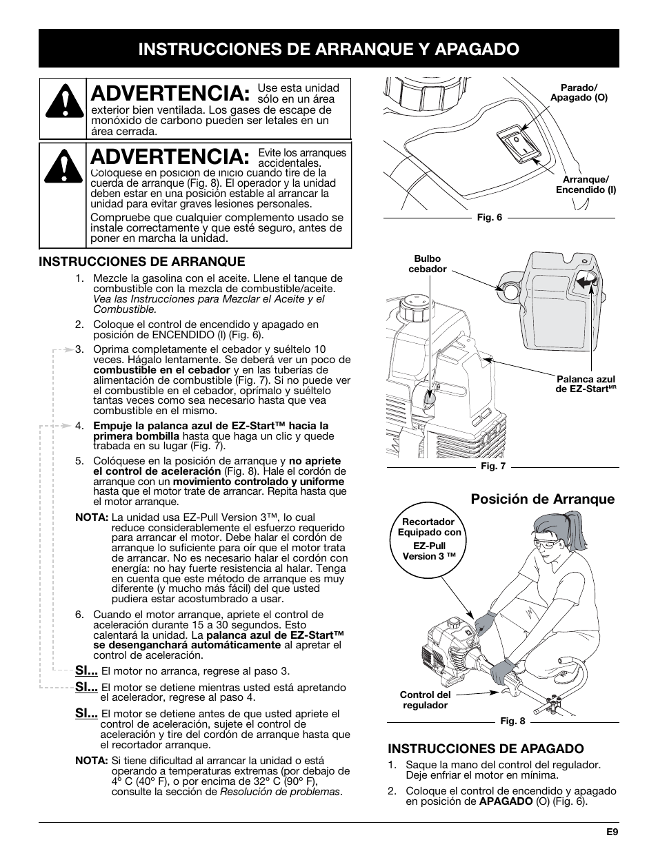 Advertencia, Instrucciones de arranque y apagado, Posición de arranque | McCulloch MT725 User Manual | Page 53 / 72