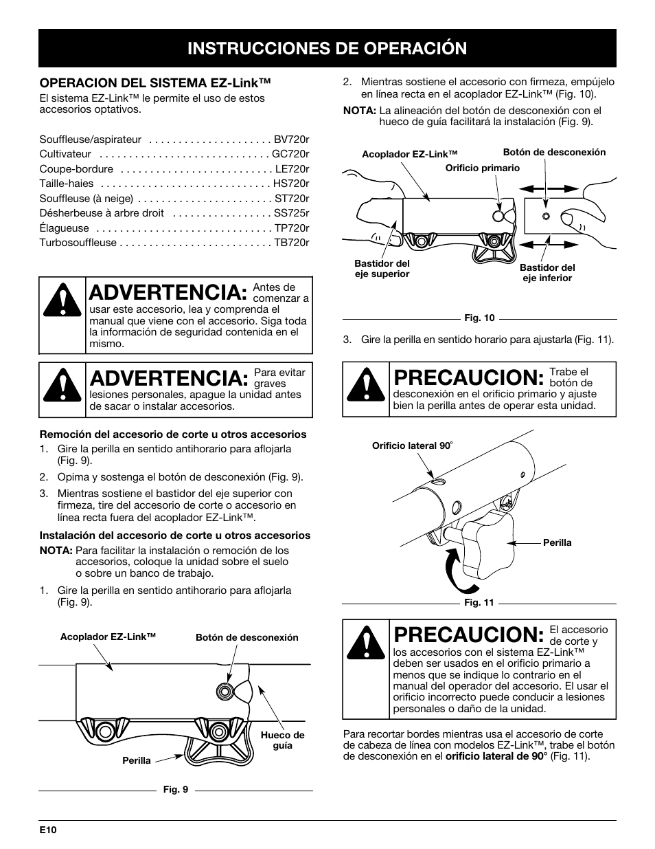 Precaucion, Advertencia, Instrucciones de operación | McCulloch MT725 User Manual | Page 54 / 72