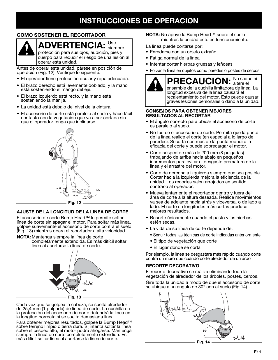 Precaucion, Advertencia, Instrucciones de operacion | McCulloch MT725 User Manual | Page 55 / 72