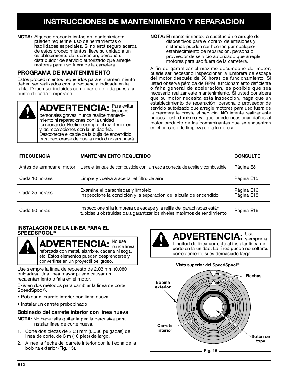 Advertencia, Instrucciones de mantenimiento y reparacion | McCulloch MT725 User Manual | Page 56 / 72