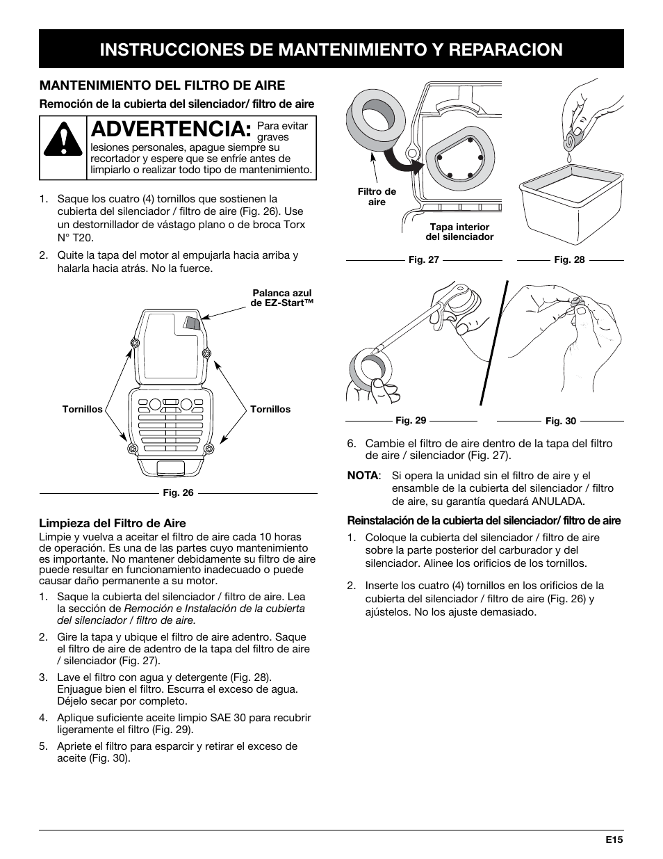 Advertencia, Instrucciones de mantenimiento y reparacion | McCulloch MT725 User Manual | Page 59 / 72