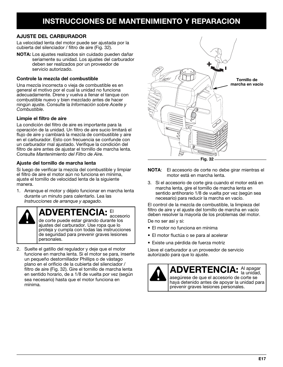 Advertencia, Instrucciones de mantenimiento y reparacion | McCulloch MT725 User Manual | Page 61 / 72