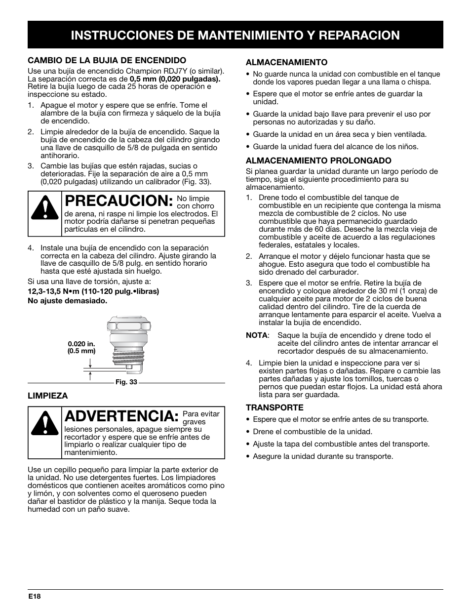 Advertencia, Precaucion, Instrucciones de mantenimiento y reparacion | McCulloch MT725 User Manual | Page 62 / 72