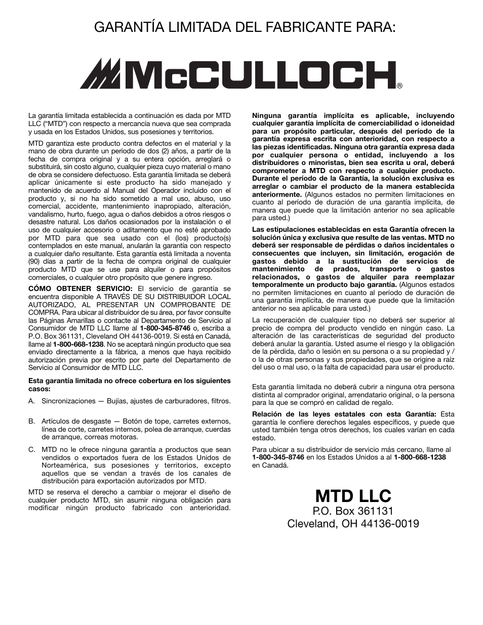 Mtd llc, Garantía limitada del fabricante para | McCulloch MT725 User Manual | Page 72 / 72