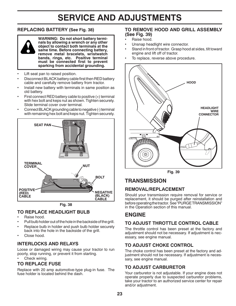 Service and adjustments, Engine, Transmission | McCulloch 96041018000 User Manual | Page 23 / 28
