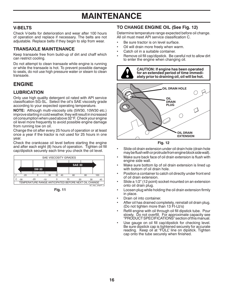 Maintenance, Engine, Lubrication | V-belts, Transaxle maintenance | McCulloch MC18542LT User Manual | Page 16 / 28