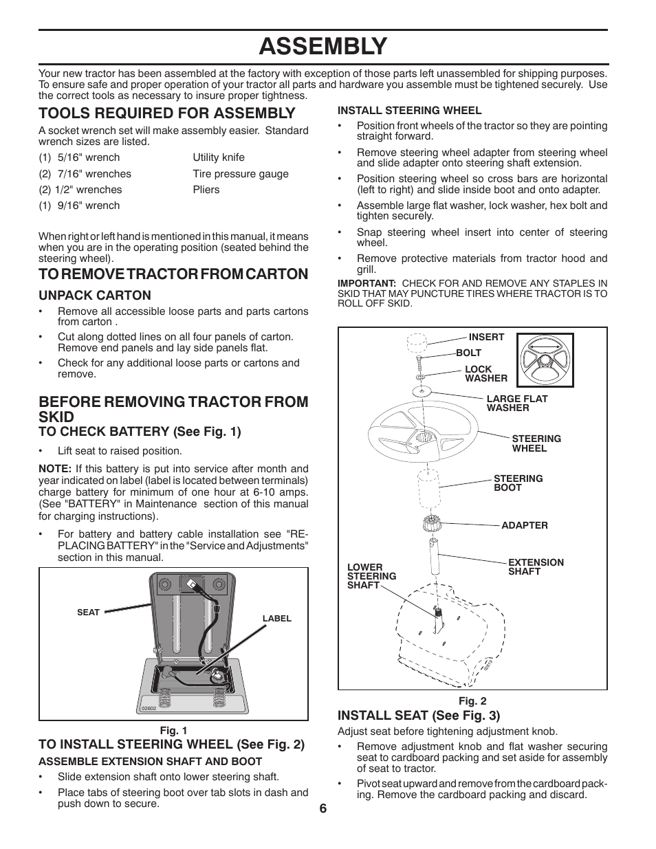 Assembly, Tools required for assembly, Before removing tractor from skid | McCulloch MC18542LT User Manual | Page 6 / 28