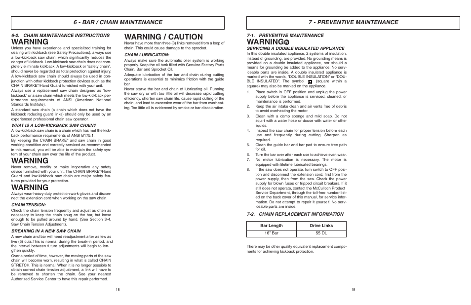 Warning, Warning / caution, 6 - bar / chain maintenance | 7 - preventive maintenance | McCulloch MCC4516FC User Manual | Page 10 / 32