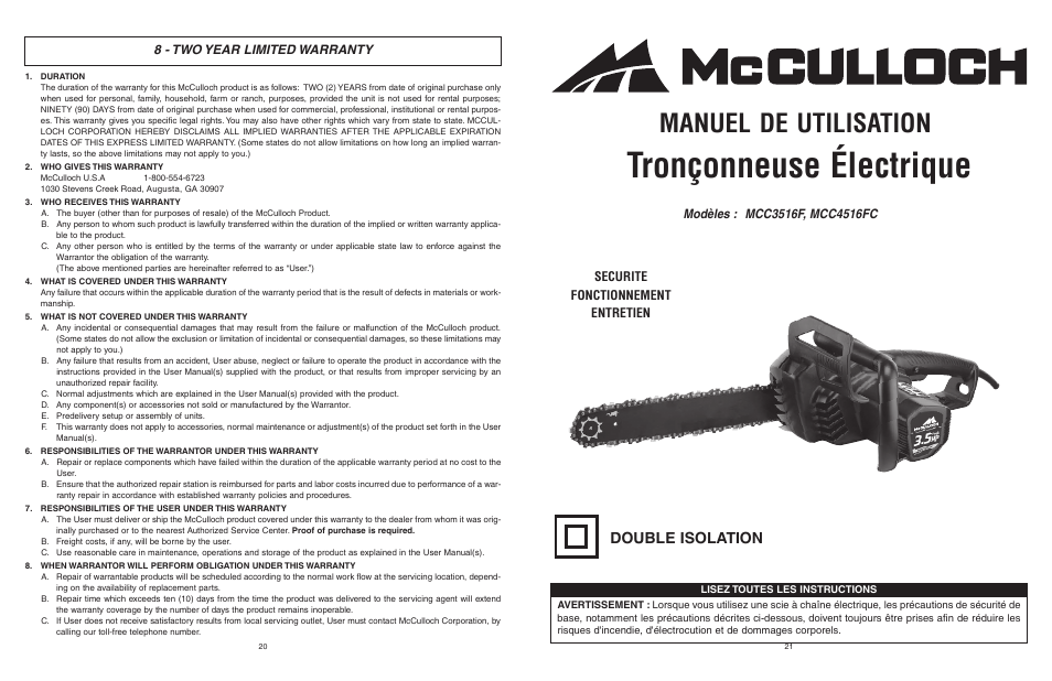 Tronçonneuse électrique, Manuel de utilisation, Double isolation | 8 - two year limited warranty | McCulloch MCC4516FC User Manual | Page 11 / 32
