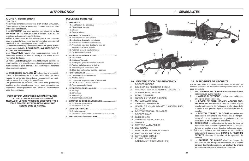 1 - generalites, Introductioin, 1. identification des principaux | 2. dispositifs de securite, A lire attentivement, Table des matieres | McCulloch MCC4516FC User Manual | Page 12 / 32