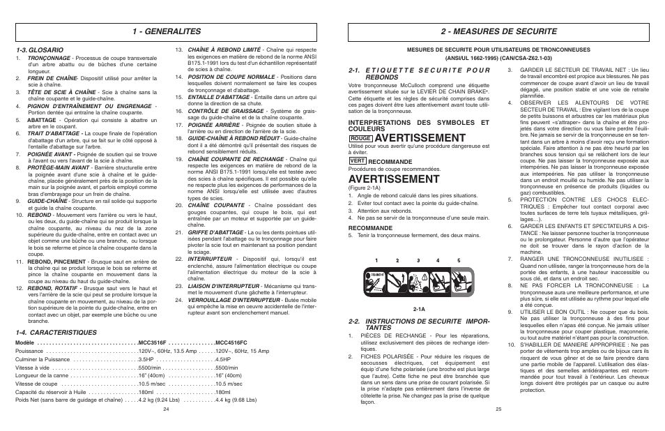 Avertissement, 2 - measures de securite, 1 - generalites | McCulloch MCC4516FC User Manual | Page 13 / 32