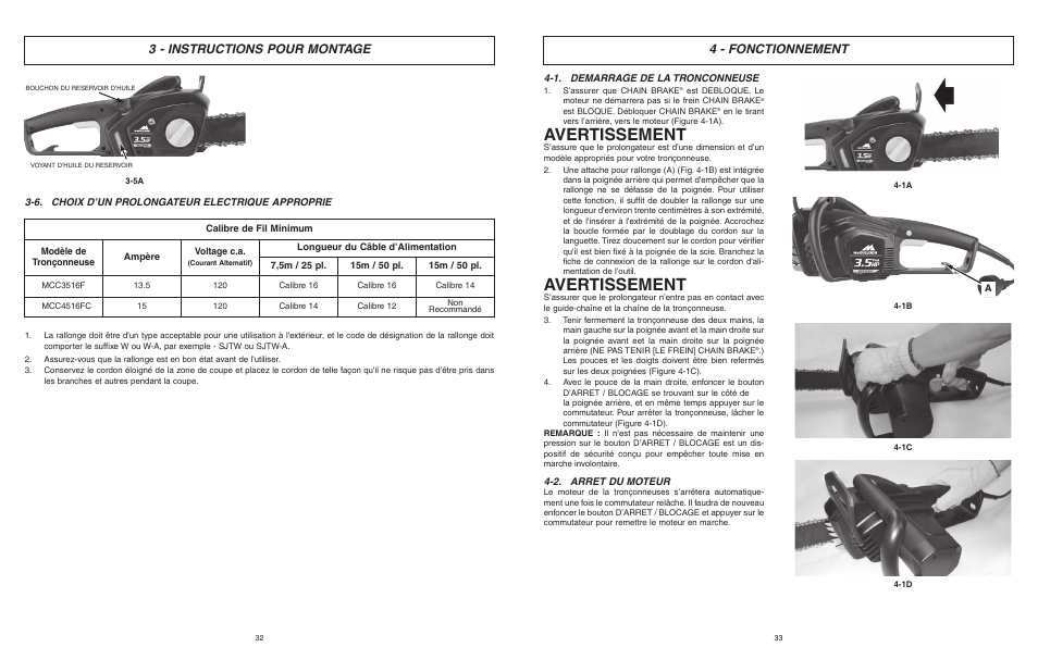 Avertissement, 3 - instructions pour montage, 4 - fonctionnement | McCulloch MCC4516FC User Manual | Page 17 / 32