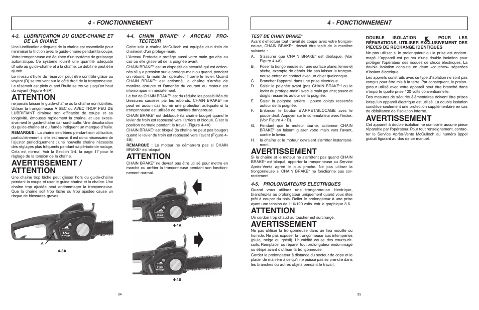 Avertissement, Attention, Avertissement / attention | 4 - fonctionnement | McCulloch MCC4516FC User Manual | Page 18 / 32