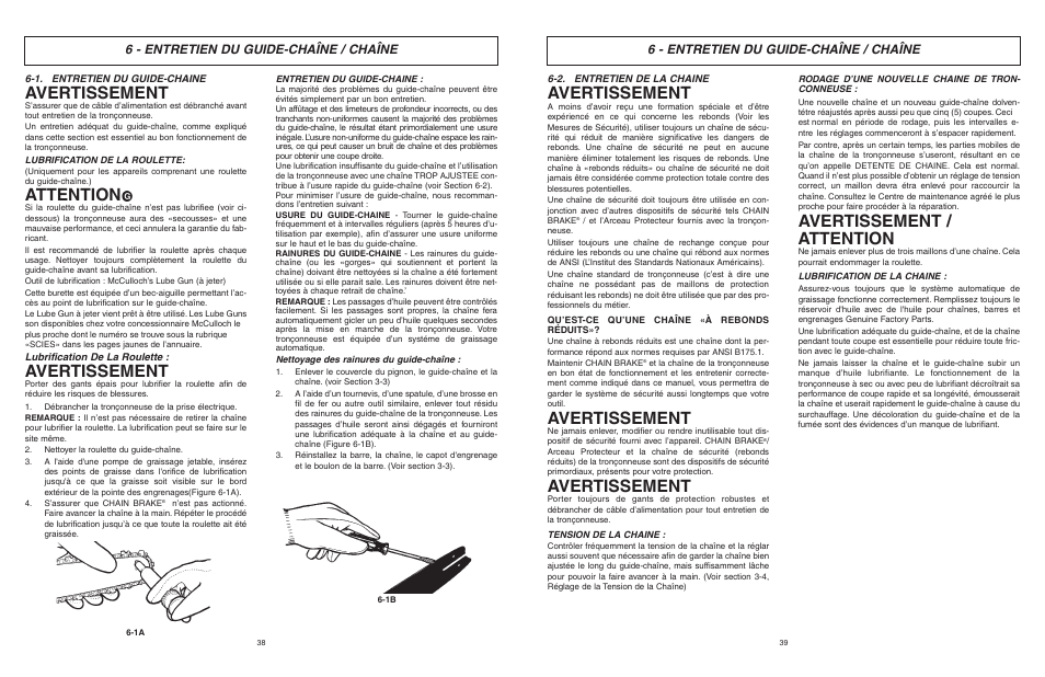 Avertissement, Avertissement / attention, Attention | 6 - entretien du guide-chaîne / chaîne | McCulloch MCC4516FC User Manual | Page 20 / 32