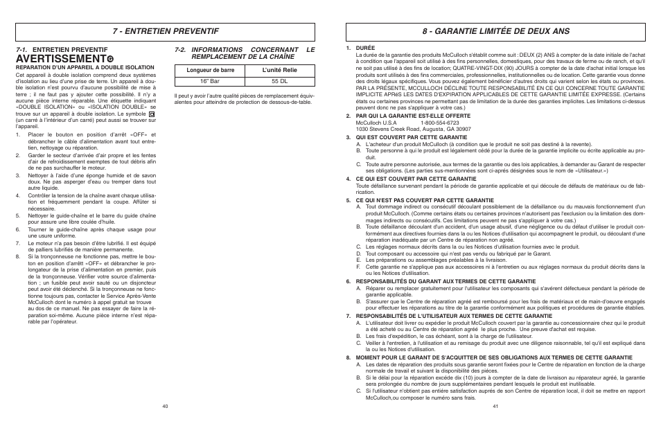 Avertissement, 8 - garantie limitée de deux ans, 7 - entretien preventif | McCulloch MCC4516FC User Manual | Page 21 / 32