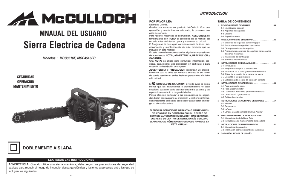 Sierra electrica de cadena, Mnaual del usuario, Doblemente aislada | Introduccion | McCulloch MCC4516FC User Manual | Page 22 / 32