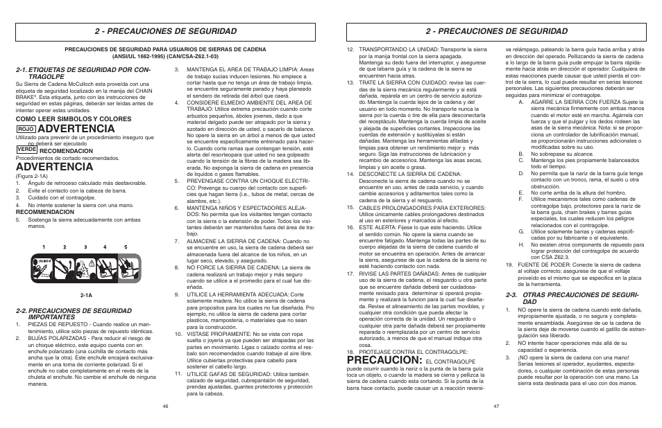 Precaucion, Advertencia, 2 - precauciones de seguridad | McCulloch MCC4516FC User Manual | Page 24 / 32