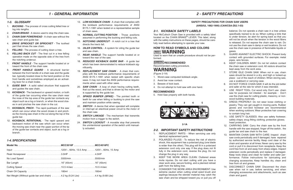 Warning, 2 - safety precautions, 1 - general information | McCulloch MCC4516FC User Manual | Page 3 / 32
