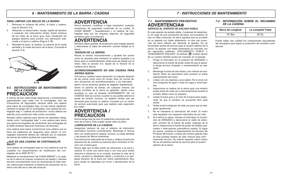 Precaucion, Advertencia, Advertencia / precaucion | McCulloch MCC4516FC User Manual | Page 31 / 32