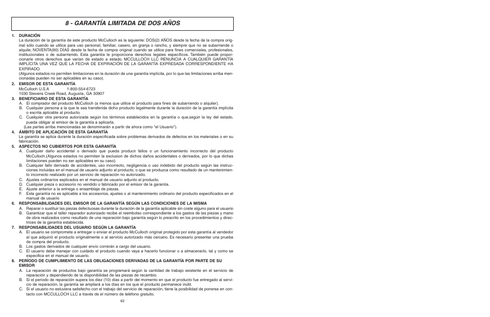 8 - garantía limitada de dos años | McCulloch MCC4516FC User Manual | Page 32 / 32