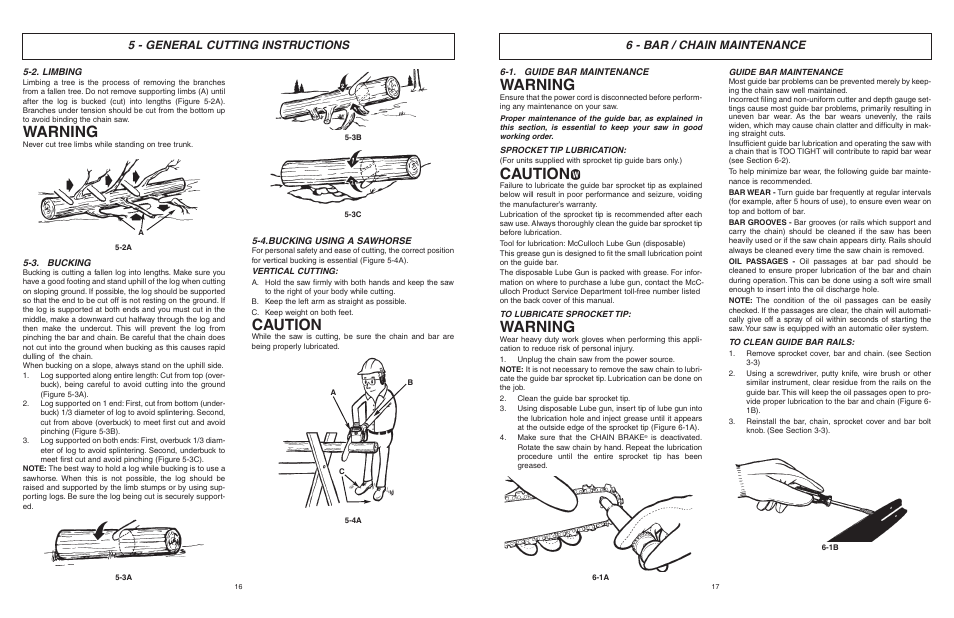 Warning, Caution, 5 - general cutting instructions | 6 - bar / chain maintenance | McCulloch MCC4516FC User Manual | Page 9 / 32