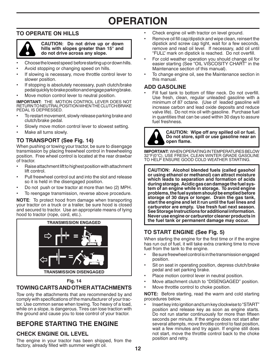 Operation, Before starting the engine | McCulloch MC195H42LT User Manual | Page 12 / 28