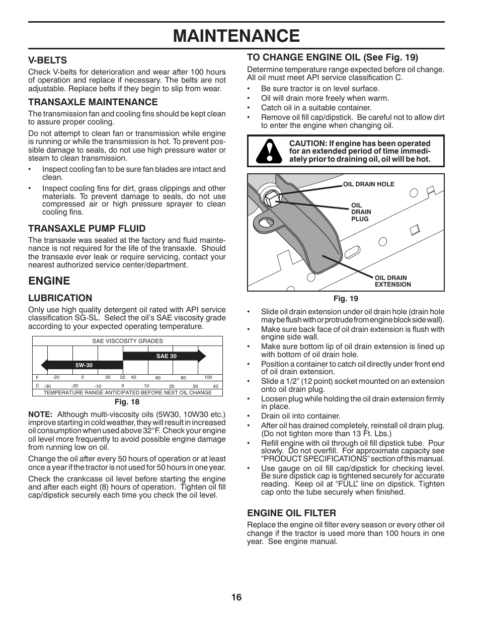 Maintenance, Engine, Lubrication | V-belts, Transaxle maintenance, Transaxle pump fluid, Engine oil filter | McCulloch MC195H42LT User Manual | Page 16 / 28