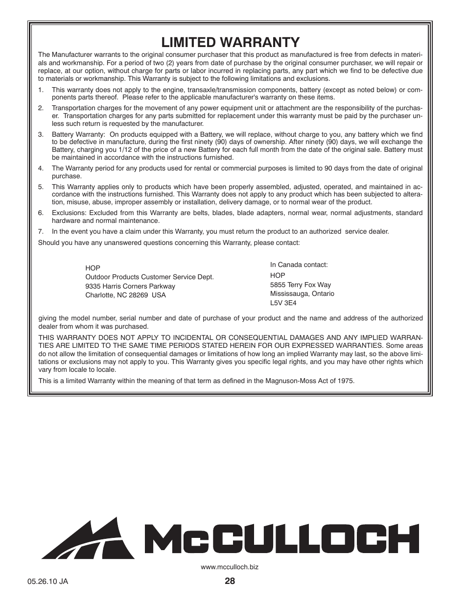 Limited warranty | McCulloch MC195H42LT User Manual | Page 28 / 28