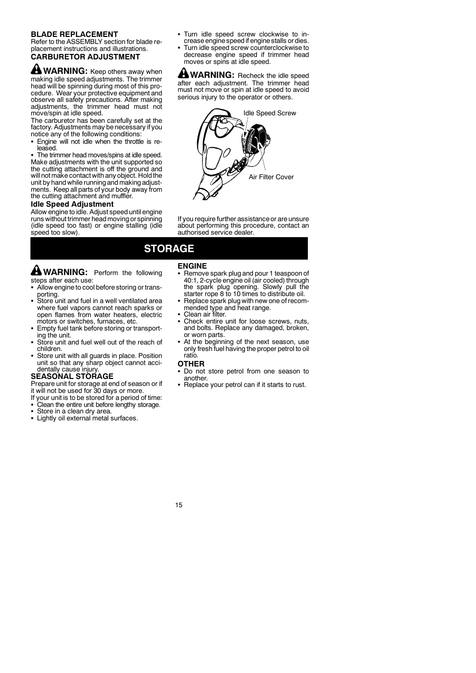 Storage, Warning | McCulloch MAC 250 B User Manual | Page 15 / 18