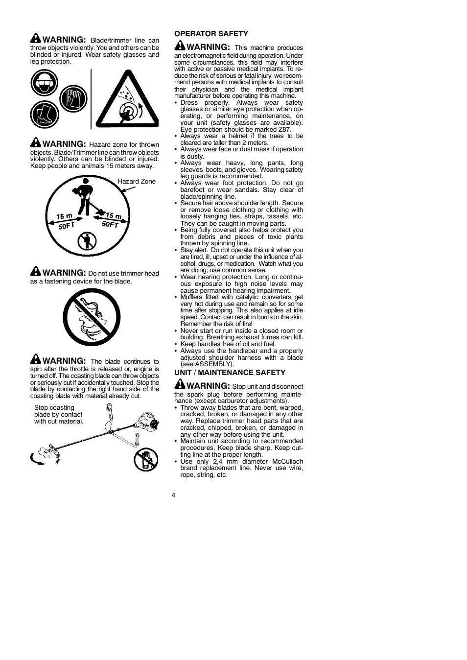 Warning | McCulloch MAC 250 B User Manual | Page 4 / 18