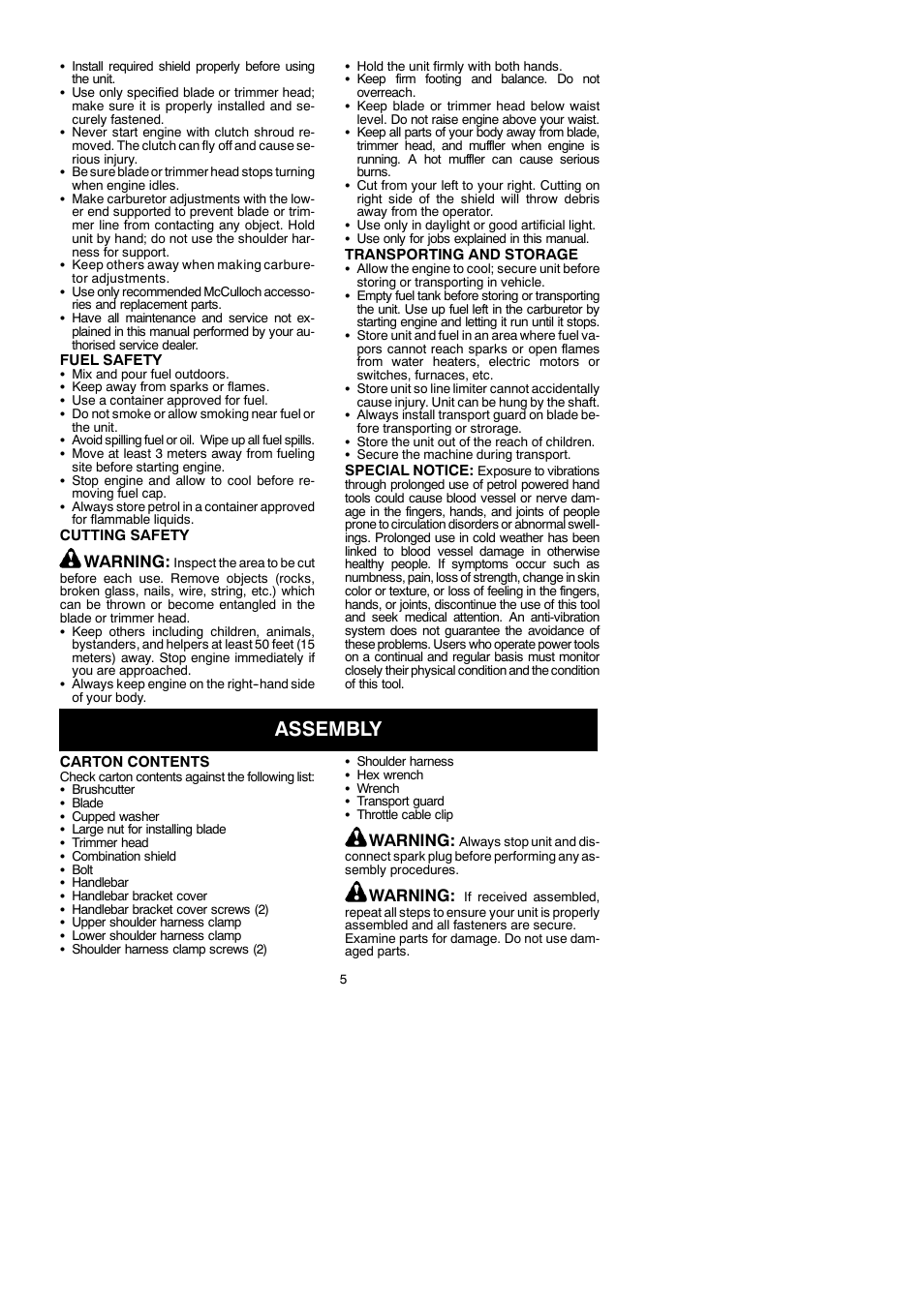 Assembly, Warning | McCulloch MAC 250 B User Manual | Page 5 / 18