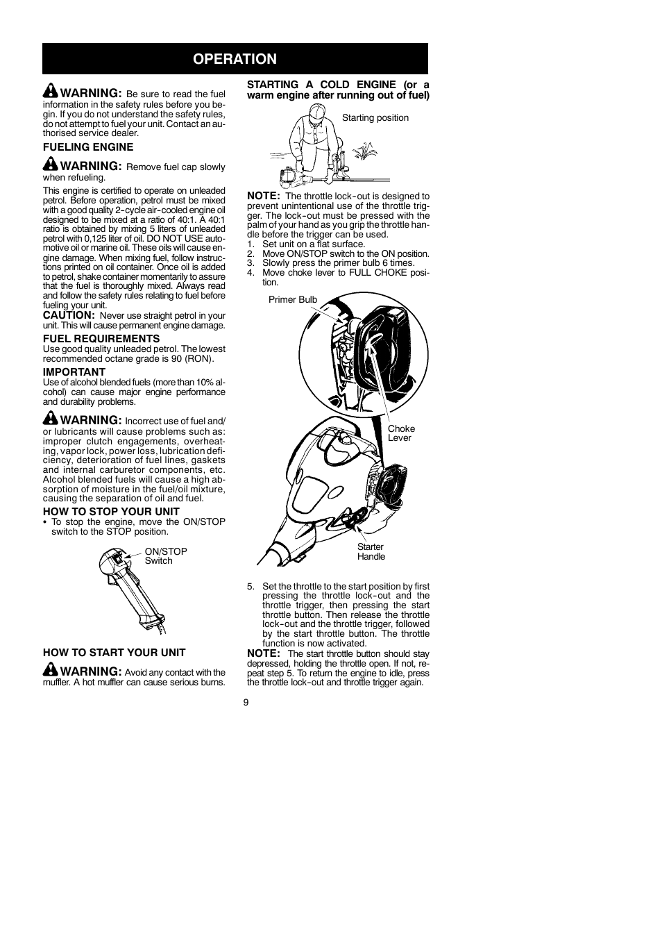 Operation, Warning | McCulloch MAC 250 B User Manual | Page 9 / 18