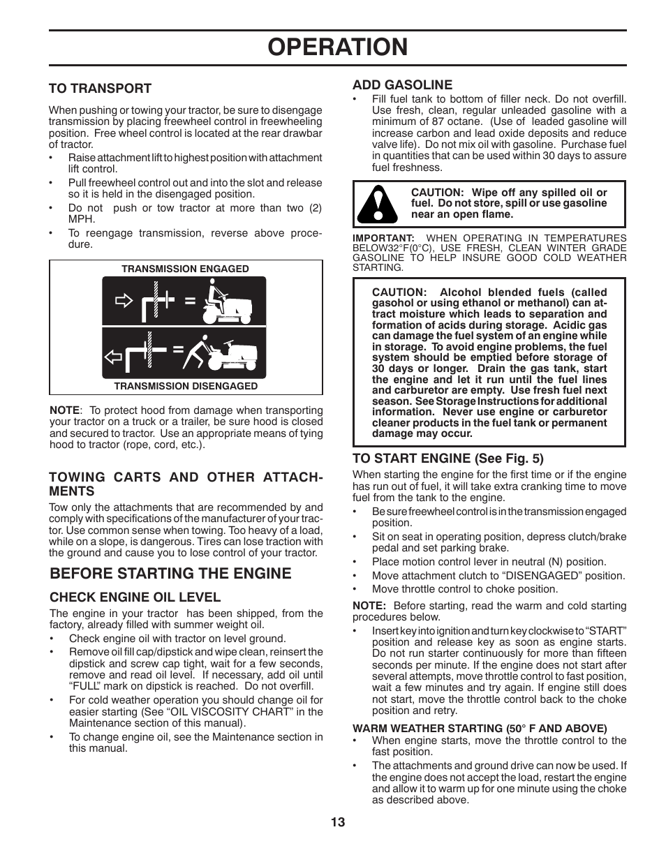 Operation, Before starting the engine | McCulloch M19542H User Manual | Page 13 / 32