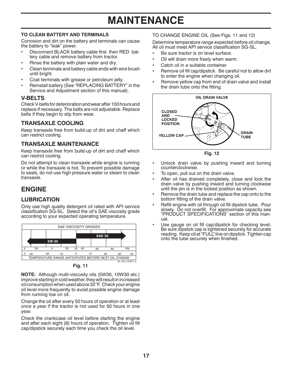 Maintenance, Engine, V-belts | Transaxle cooling, Lubrication, Transaxle maintenance | McCulloch M19542H User Manual | Page 17 / 32