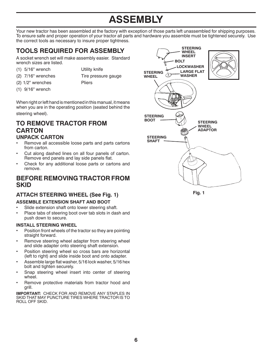Assembly, Tools required for assembly, Before removing tractor from skid | McCulloch M19542H User Manual | Page 6 / 32