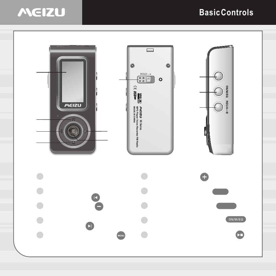 Basic controls, Or station for fm, Station for fm | Lcd window to select the previous music for mp3 | Meizu X6 User Manual | Page 16 / 72
