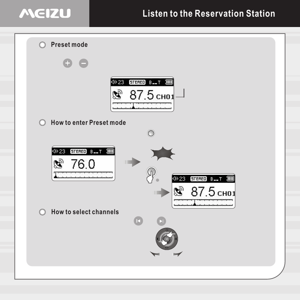 Listen to the reservation station, Preset mode, How to enter preset mode | How to select channels, Preset channel | Meizu X6 User Manual | Page 51 / 72