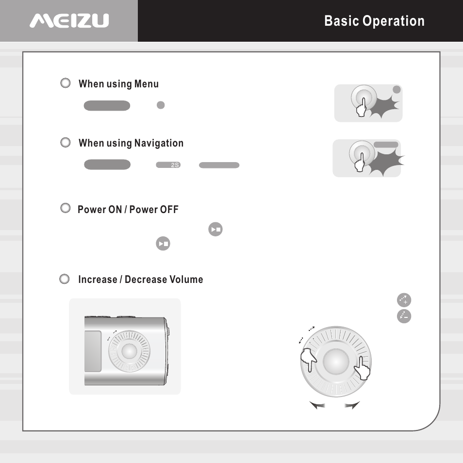 Basic operation, Power on / power off, Increase / decrease volume | When using menu, When using navigation | Meizu E5 User Manual | Page 17 / 72