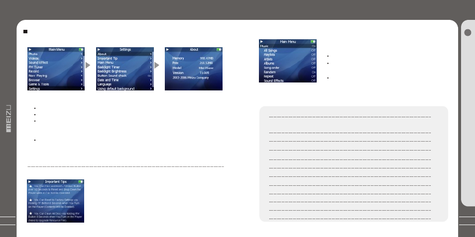 Т³гж 30, Detailed features by menu, Settings | Meizu MZ-03 User Manual | Page 30 / 40