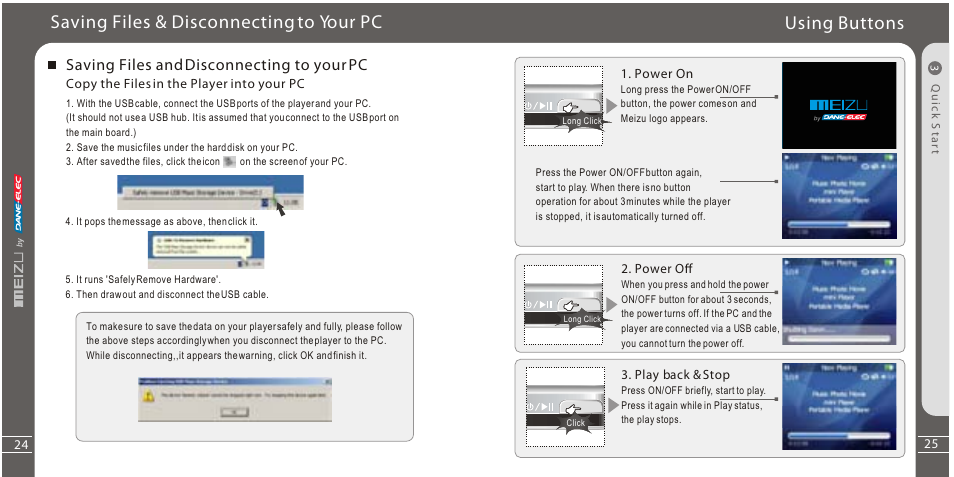 Using buttons, Saving files & disconnecting to your pc, Saving files and disconnecting to your pc | Meizu Portable Media Player User Manual | Page 13 / 37